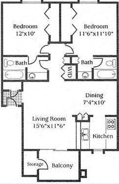 Floor plan for 2 beds, 2 baths, 900 sqft